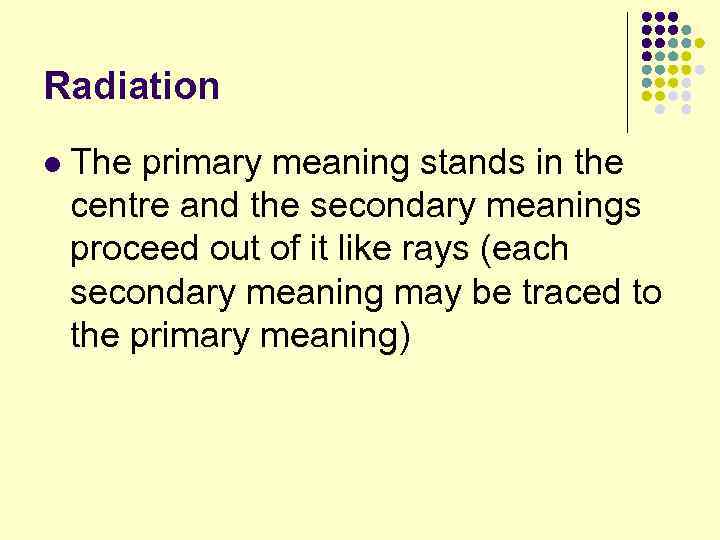 Radiation l The primary meaning stands in the centre and the secondary meanings proceed