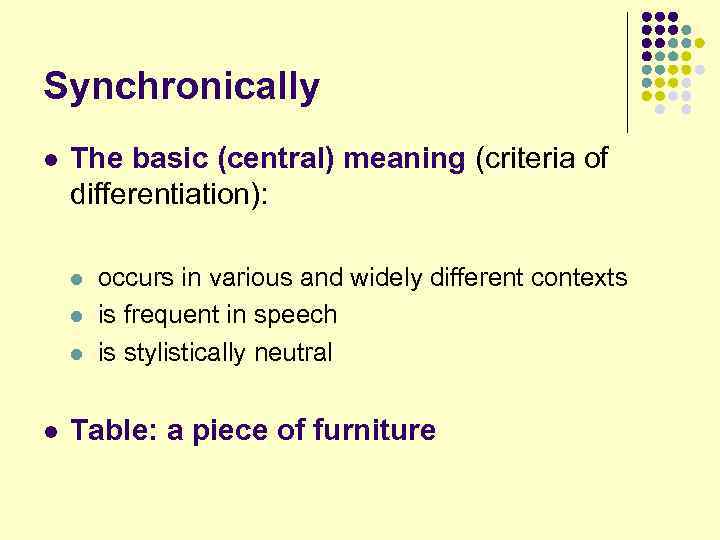 Synchronically l The basic (central) meaning (criteria of differentiation): l l occurs in various