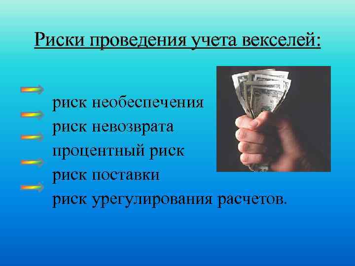 Риски проведения учета векселей: риск необеспечения риск невозврата процентный риск поставки риск урегулирования расчетов.