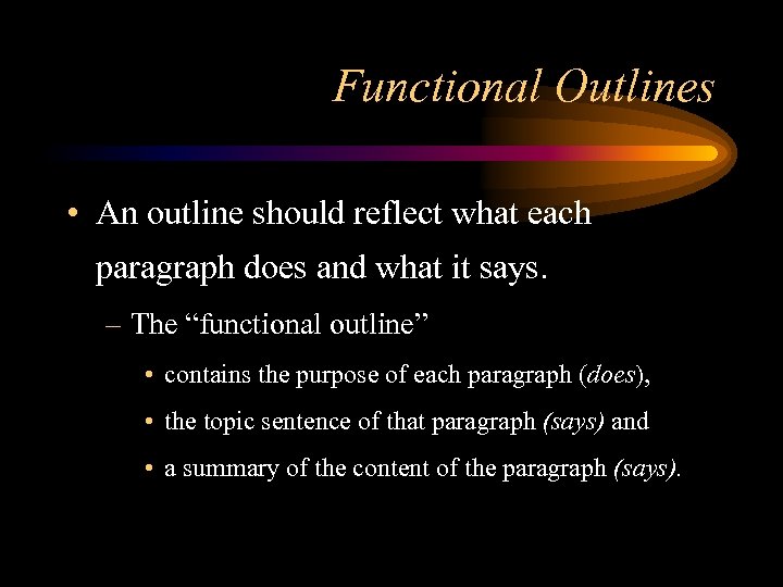 Functional Outlines • An outline should reflect what each paragraph does and what it