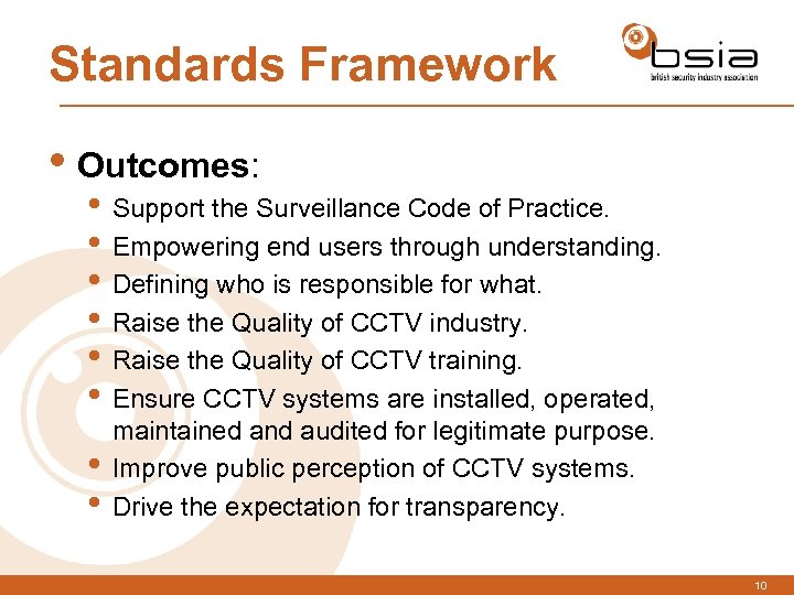 Standards Framework • Outcomes: • Support the Surveillance Code of Practice. • Empowering end