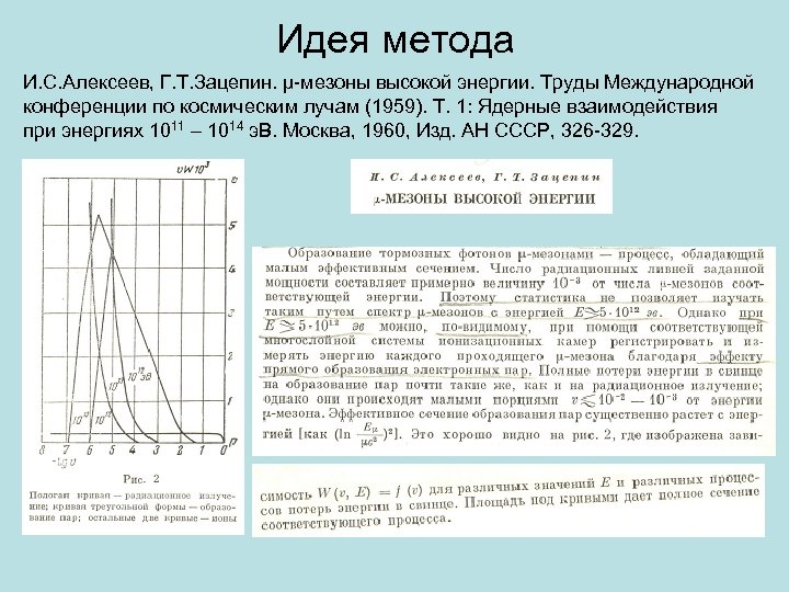 Идея метода И. С. Алексеев, Г. Т. Зацепин. μ-мезоны высокой энергии. Труды Международной конференции