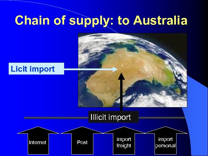 Chain of supply: to Australia Licit import Illicit import Internet Post import freight import