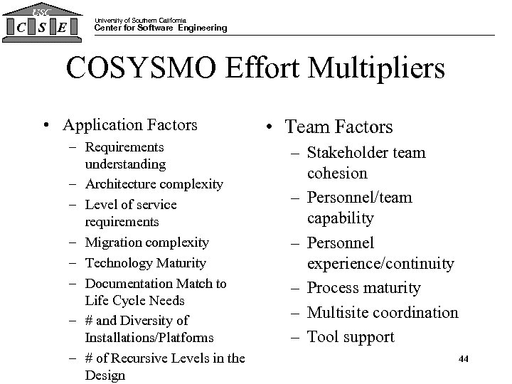 USC C S E University of Southern California Center for Software Engineering COSYSMO Effort