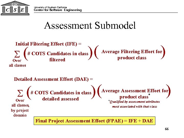 USC University of Southern California C S E Center for Software Engineering Assessment Submodel