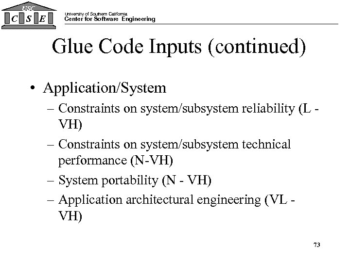 USC C S E University of Southern California Center for Software Engineering Glue Code