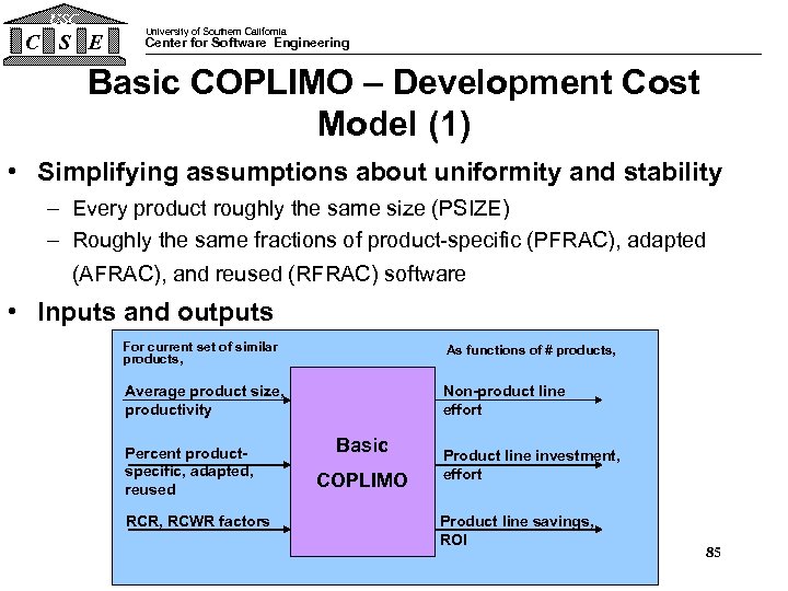 USC C S E University of Southern California Center for Software Engineering Basic COPLIMO