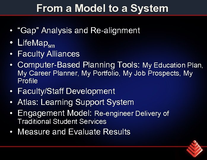 From a Model to a System • “Gap” Analysis and Re-alignment • Life. Mapsm