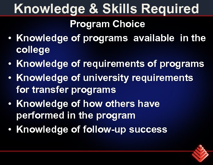 Knowledge & Skills Required • • • Program Choice Knowledge of programs available in