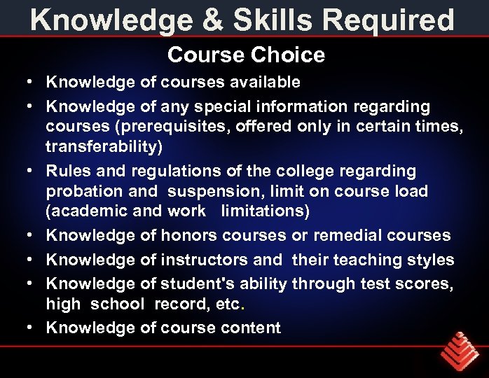 Knowledge & Skills Required Course Choice • Knowledge of courses available • Knowledge of
