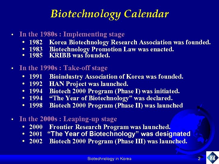 Biotechnology Calendar • In the 1980 s : Implementing stage • 1982 Korea Biotechnology