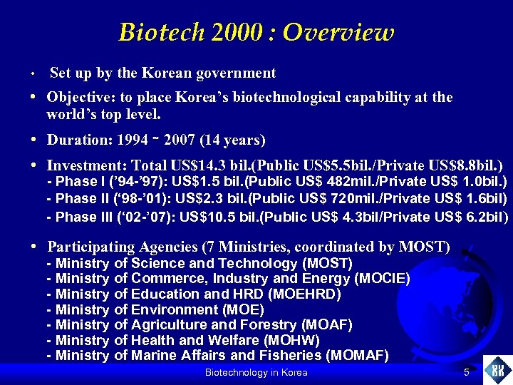Biotech 2000 : Overview • Set up by the Korean government • Objective: to