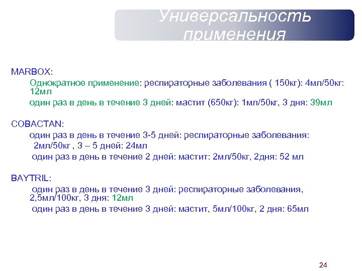 Универсальность применения MARBOX: Однократное применение: респираторные заболевания ( 150 кг): 4 мл/50 кг: 12