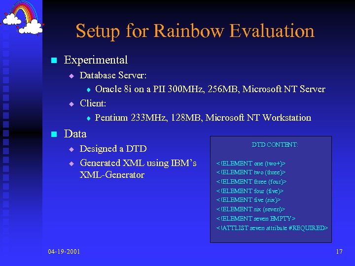 Setup for Rainbow Evaluation n Experimental u u n Database Server: t Oracle 8