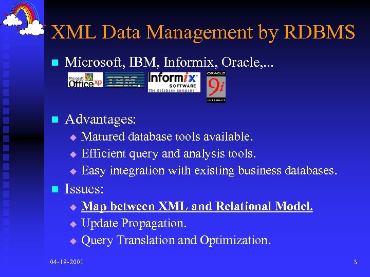 XML Data Management by RDBMS n Microsoft, IBM, Informix, Oracle, . . . n