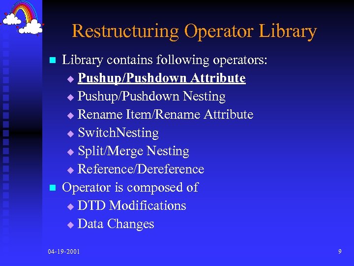 Restructuring Operator Library n n Library contains following operators: u Pushup/Pushdown Attribute u Pushup/Pushdown