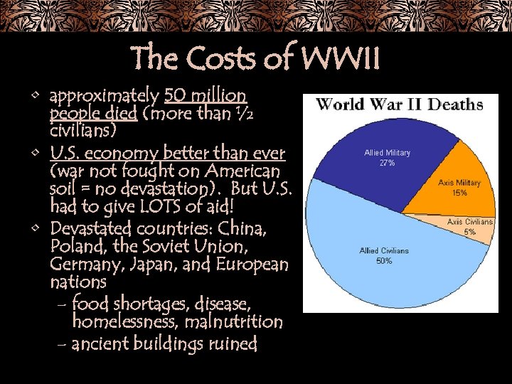 The Costs of WWII • approximately 50 million people died (more than ½ civilians)