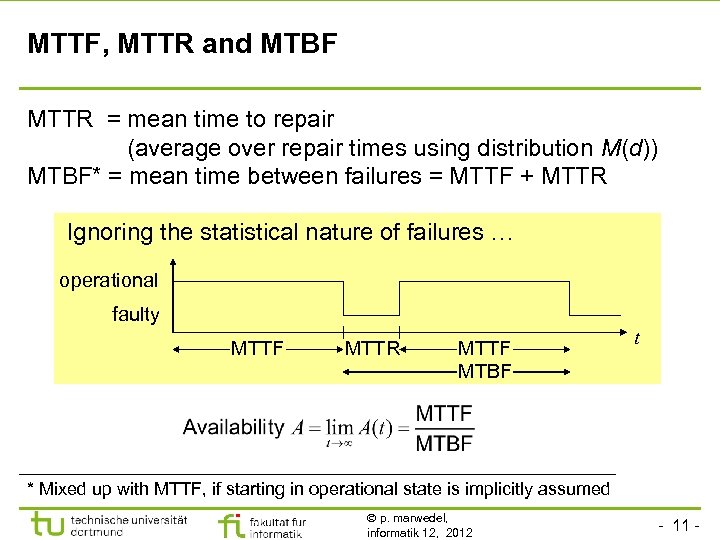 MTTF, MTTR and MTBF MTTR = mean time to repair (average over repair times