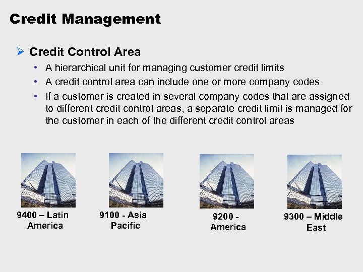 Credit Management Ø Credit Control Area • A hierarchical unit for managing customer credit