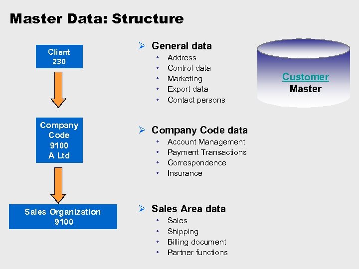 Master Data: Structure Client 230 Company Code 9100 A Ltd Sales Organization 9100 Ø