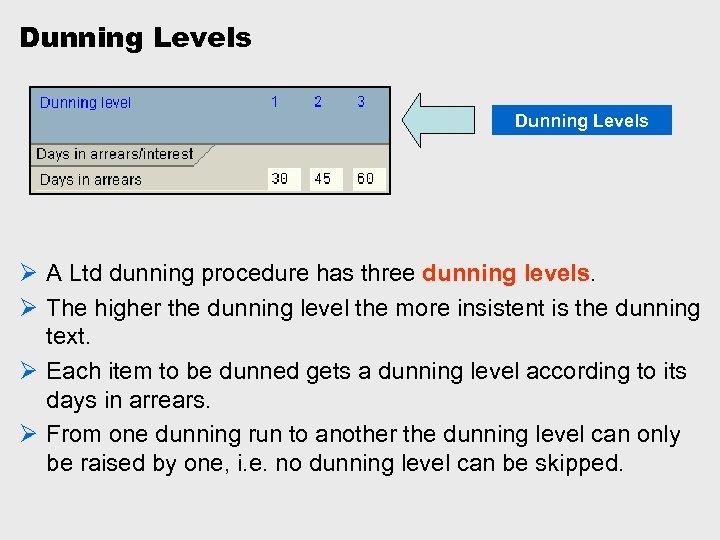 Dunning Levels Ø A Ltd dunning procedure has three dunning levels. Ø The higher