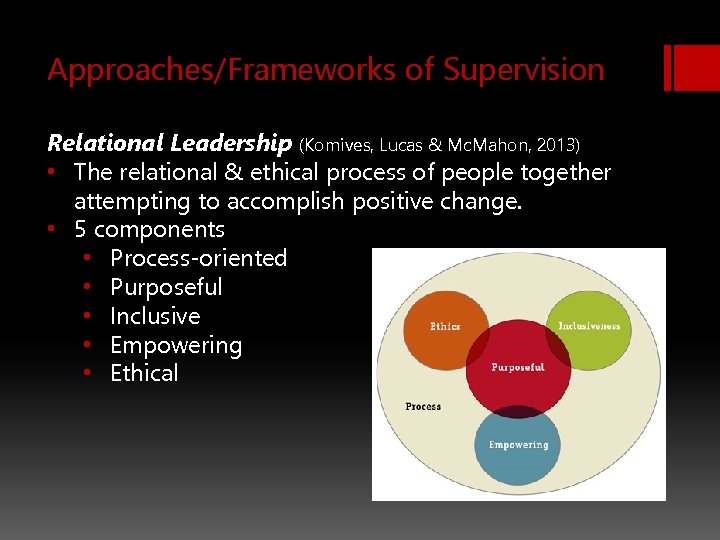 Approaches/Frameworks of Supervision Relational Leadership (Komives, Lucas & Mc. Mahon, 2013) • The relational