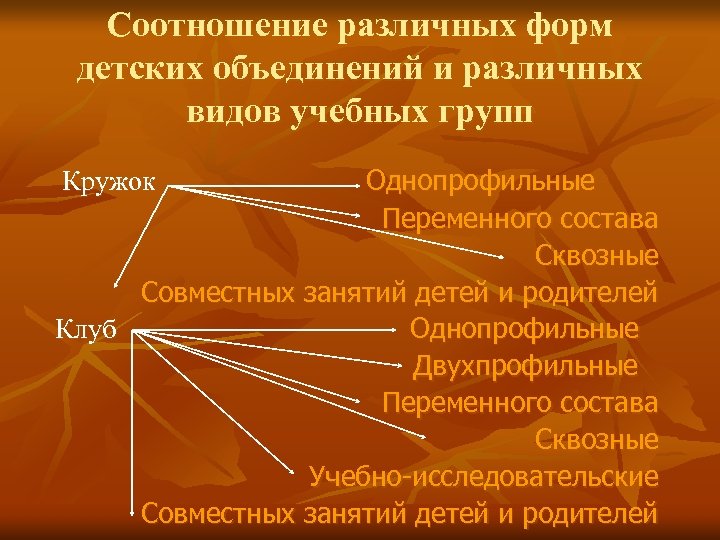 Соотношение различных форм детских объединений и различных видов учебных групп Кружок Однопрофильные Переменного состава