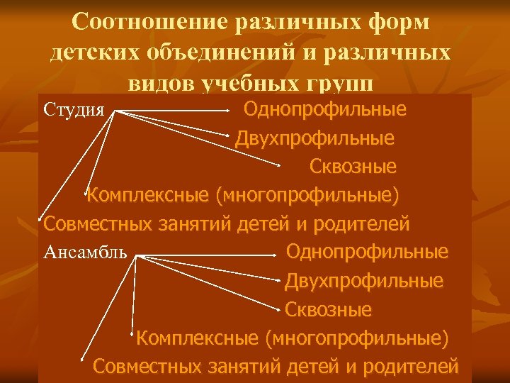 Соотношение различных форм детских объединений и различных видов учебных групп Студия Однопрофильные Двухпрофильные Сквозные