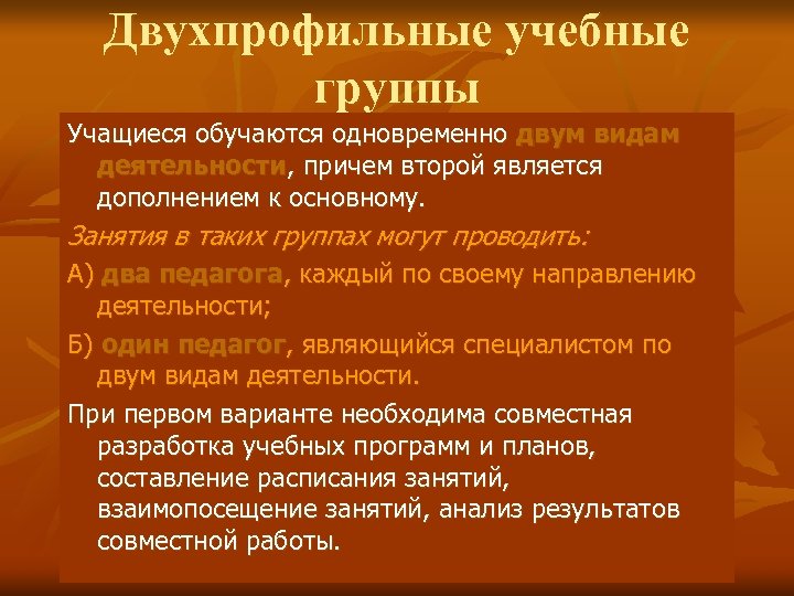 Двухпрофильные учебные группы Учащиеся обучаются одновременно двум видам деятельности, причем второй является дополнением к