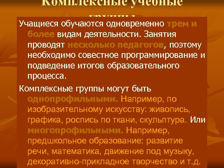 Комплексные учебные группы Учащиеся обучаются одновременно трем и более видам деятельности. Занятия проводят несколько