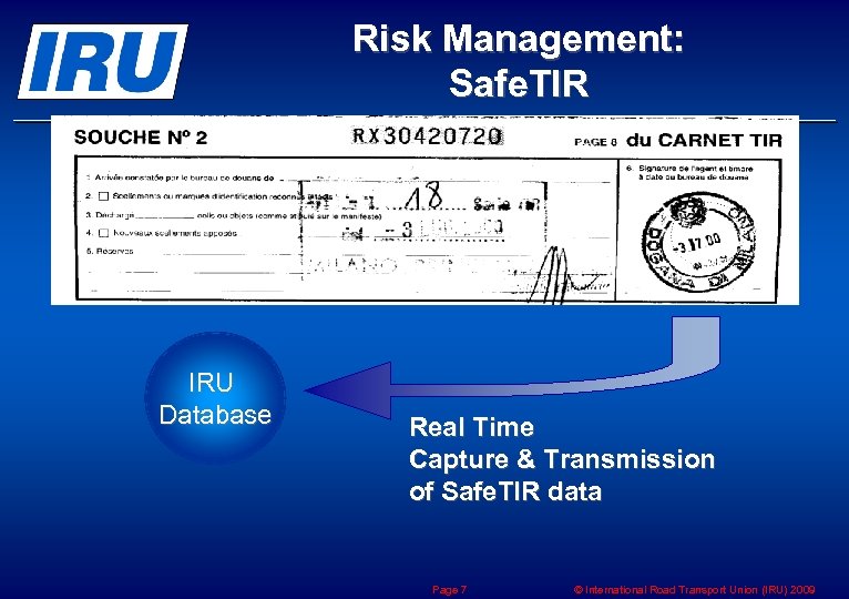 Risk Management: Safe. TIR IRU Database Real Time Capture & Transmission of Safe. TIR