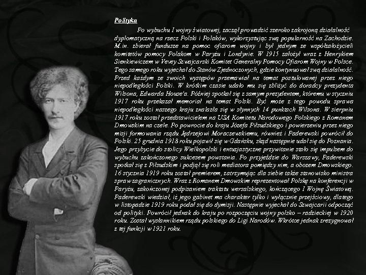 Polityka Po wybuchu I wojny światowej, zaczął prowadzić szeroko zakrojoną działalność dyplomatyczną na rzecz
