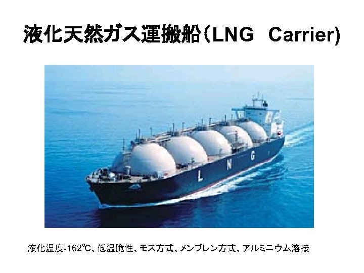 液化天然ガス運搬船（LNG　Carrier) 液化温度-162℃、低温脆性、モス方式、メンブレン方式、アルミニウム溶接 