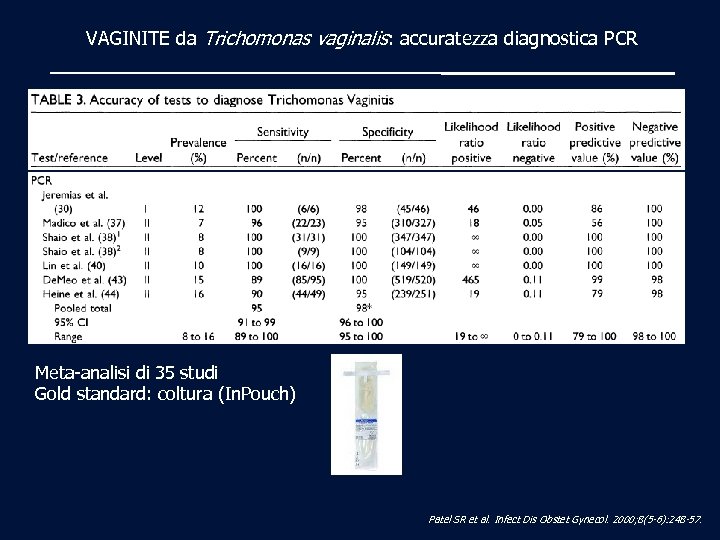 VAGINITE da Trichomonas vaginalis: accuratezza diagnostica PCR Meta-analisi di 35 studi Gold standard: coltura