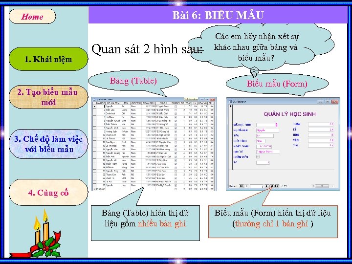 Bài 6: BIỂU MẪU Home 1. Khái niệm Quan sát 2 hình sau: Bảng