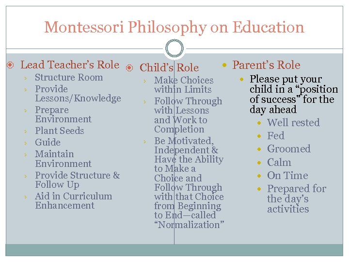 Montessori Philosophy on Education Lead Teacher’s Role Child’s Role Parent’s Role › Structure Room