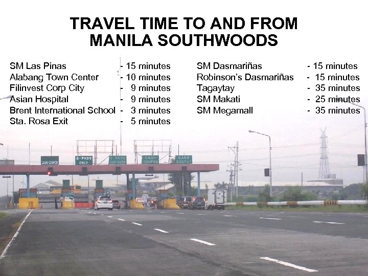 TRAVEL TIME TO AND FROM MANILA SOUTHWOODS TOLL EXIT SM Las Pinas Alabang Town