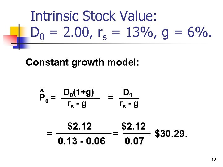 Intrinsic Stock Value: D 0 = 2. 00, rs = 13%, g = 6%.