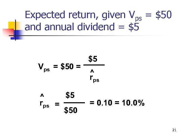 Expected return, given Vps = $50 and annual dividend = $5 Vps = $50