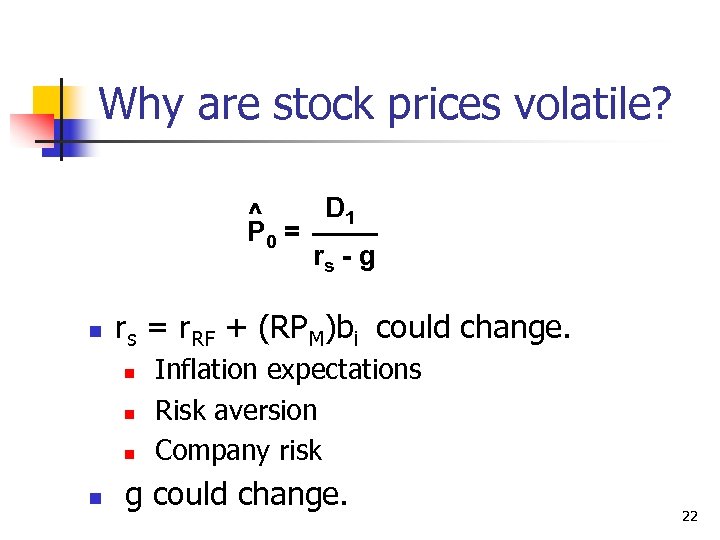 Why are stock prices volatile? D 1 ^ P 0 = rs - g