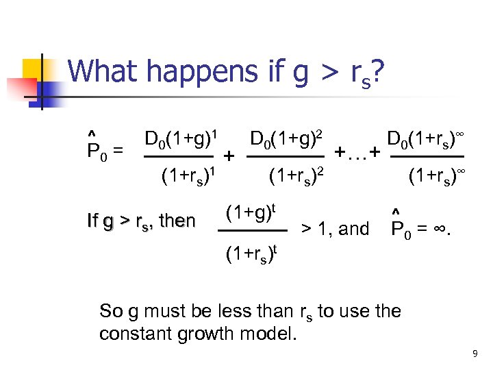 What happens if g > rs? ^ P 0 = D 0(1+g)1 (1+rs)1 If