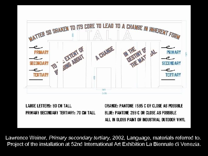 Lawrence Weiner, Primary secondary tertiary, 2002, Language, materials referred to. Project of the installation