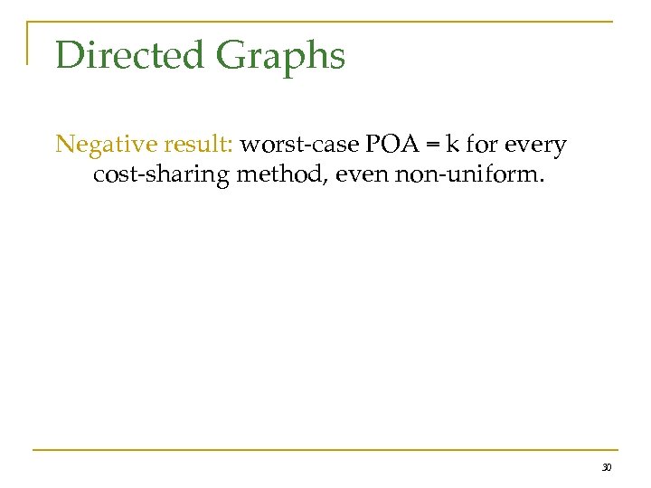 Directed Graphs Negative result: worst-case POA = k for every cost-sharing method, even non-uniform.