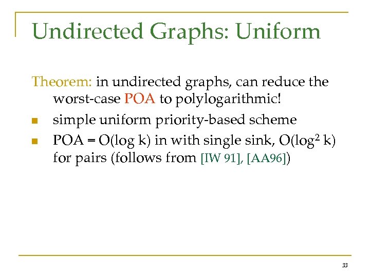 Undirected Graphs: Uniform Theorem: in undirected graphs, can reduce the worst-case POA to polylogarithmic!