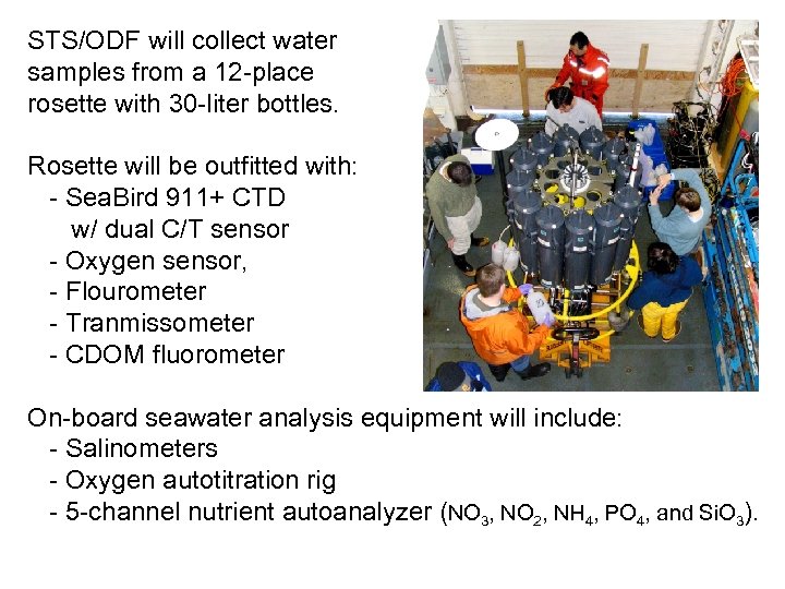 STS/ODF will collect water samples from a 12 -place rosette with 30 -liter bottles.