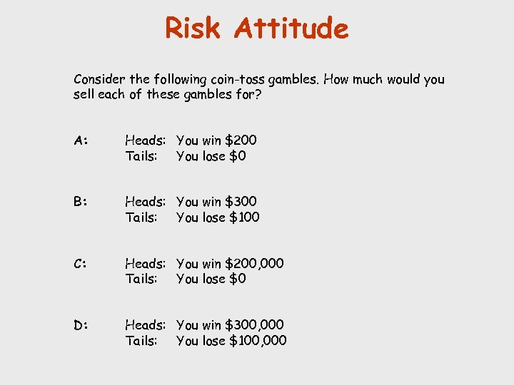 Risk Attitude Consider the following coin-toss gambles. How much would you sell each of