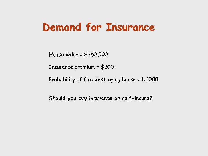 Demand for Insurance House Value = $350, 000 Insurance premium = $500 Probability of