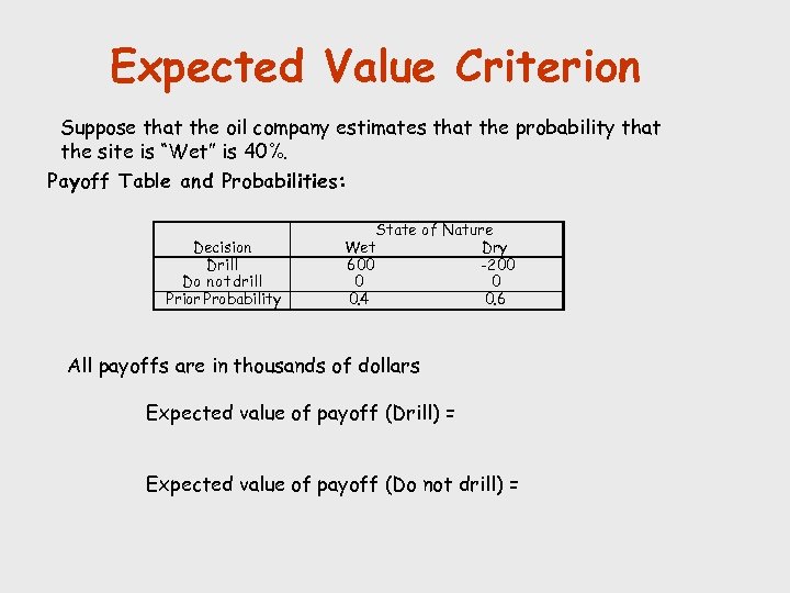 Expected Value Criterion Suppose that the oil company estimates that the probability that the