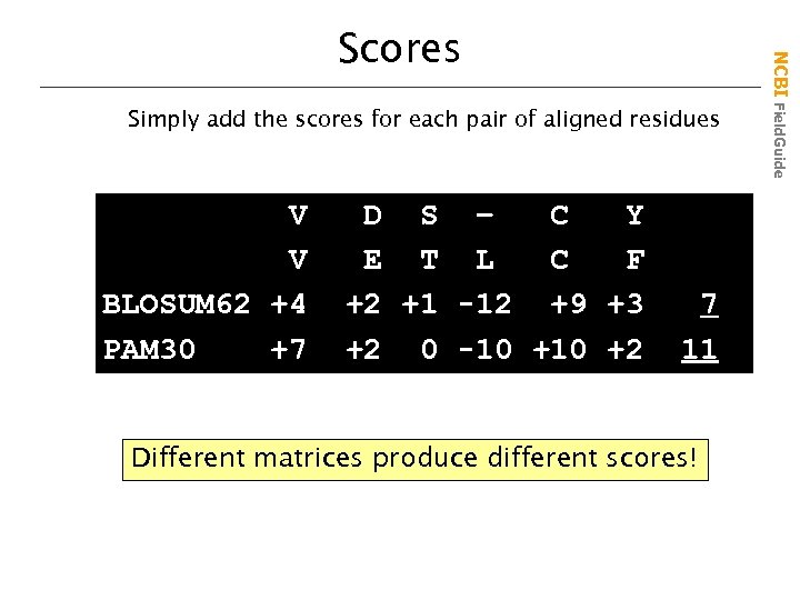 Simply add the scores for each pair of aligned residues V V BLOSUM 62