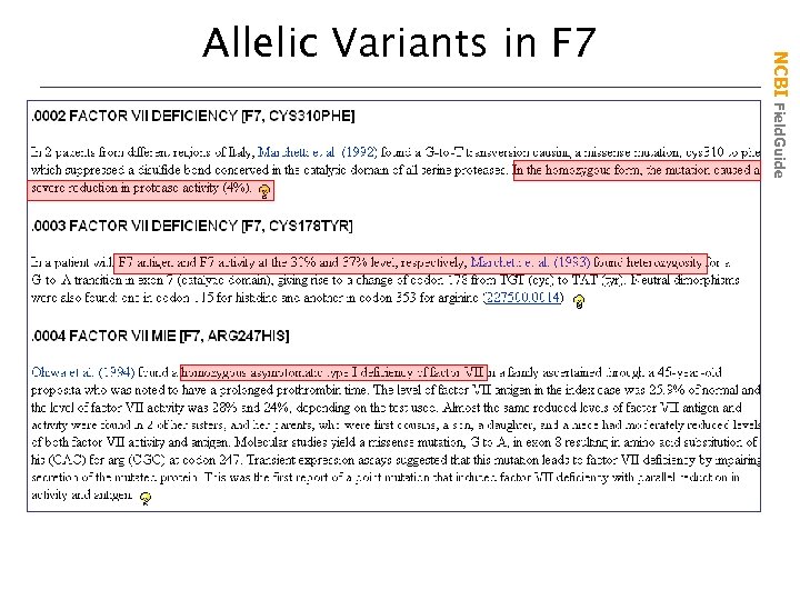 NCBI Field. Guide Allelic Variants in F 7 